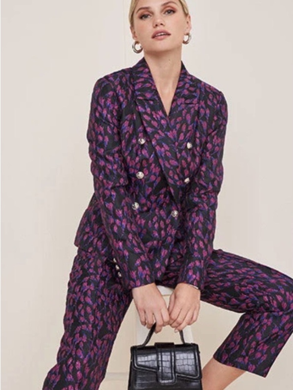 Purple Printed Double-Breasted Blazer
